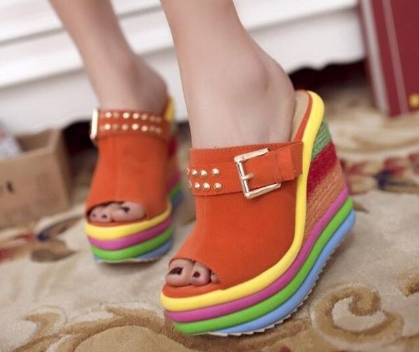 summer women rainbow color slippers peep toes platform wedge slippers genuine leather rivets buckle high-heeled outdoor women sandals, Black
summer women rainbow color slippers peep toes platform wedge slippers genuine leather rivets buckle high-heeled outdoor women sandals, Black