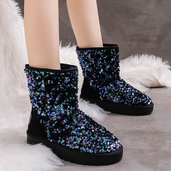 classic warm plush winter snow boots women slip on platform sequins flat shoes woman thick bottom glitter booties mujer, Black 
classic warm plush winter snow boots women slip on platform sequins flat shoes woman thick bottom glitter booties mujer, Black