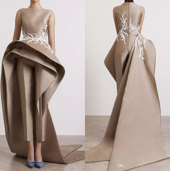 2020 elegant crew neck satin jumpsuit long evening dresses tulle ruched lace applique sweep train formal party prom dresses, Black;red
2020 elegant crew neck satin jumpsuit long evening dresses tulle ruched lace applique sweep train formal party prom dresses, Black;red