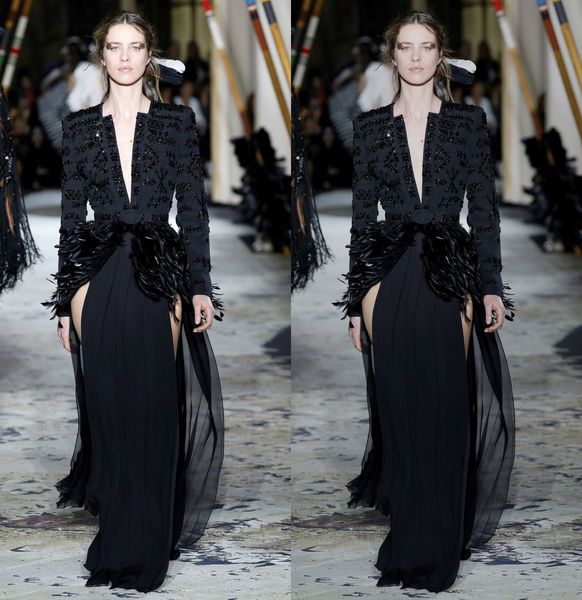 zuhairmurad black customized a line evening dress v neck long sleeve formal dress satin sashes crystal feather split party bridesmaid gown, Black;red
zuhairmurad black customized a line evening dress v neck long sleeve formal dress satin sashes crystal feather split party bridesmaid gown, Black;red
