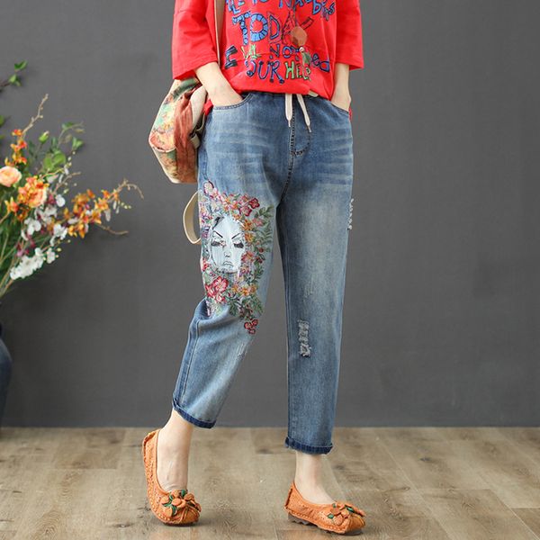floral embroidery denim jeans women calf-length pants lightweight elastic waist bleached scratched ripped wild casual fashion, Blue
floral embroidery denim jeans women calf-length pants lightweight elastic waist bleached scratched ripped wild casual fashion, Blue