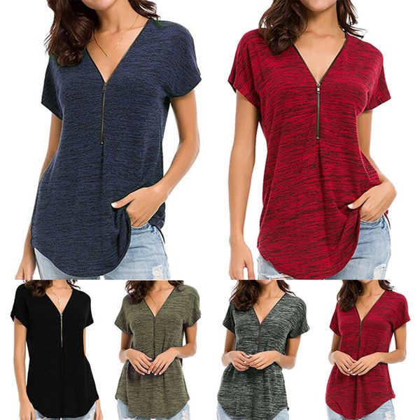women's plain zipper v neck short sleeve casual t-shirt slim blouse summer, White
women's plain zipper v neck short sleeve casual t-shirt slim blouse summer, White