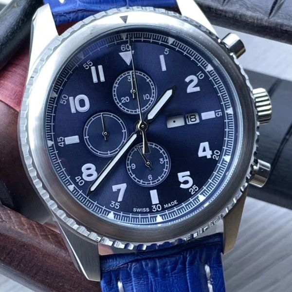 Aviator 8 B01 Chronograph Quartz Battery Rotating Bezel Working Subdials Day Date Blue Dial Mens Watches Alligator Strap Wristwatches