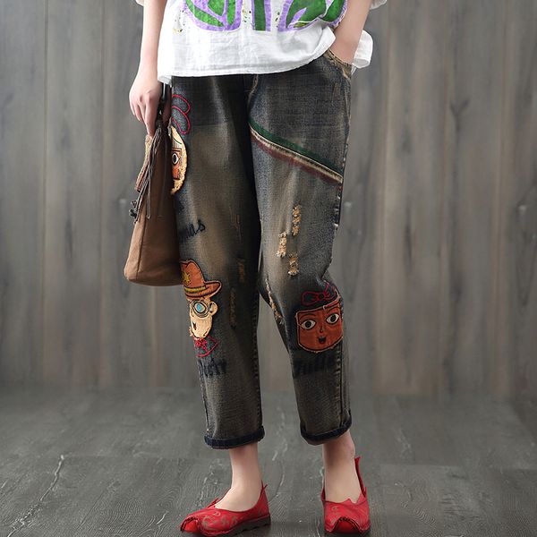 spring summer female new retro patch embroidered jeans hole to do the old jeans trousers elastic waist denim harem pants woman, Blue
spring summer female new retro patch embroidered jeans hole to do the old jeans trousers elastic waist denim harem pants woman, Blue