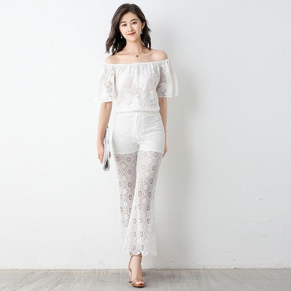 lace two-piece pants female 2020 summer one-line collar lace temperament hollow perspective ankle-length pants, White
lace two-piece pants female 2020 summer one-line collar lace temperament hollow perspective ankle-length pants, White