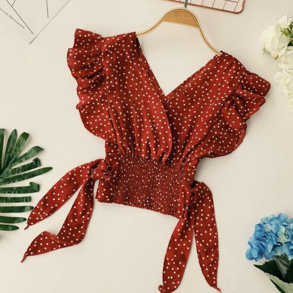 sweet polka dots v-neck pleated blouse short petal sleeve elastic high waist bowtie chiffon shirts ruffles, White
sweet polka dots v-neck pleated blouse short petal sleeve elastic high waist bowtie chiffon shirts ruffles, White
