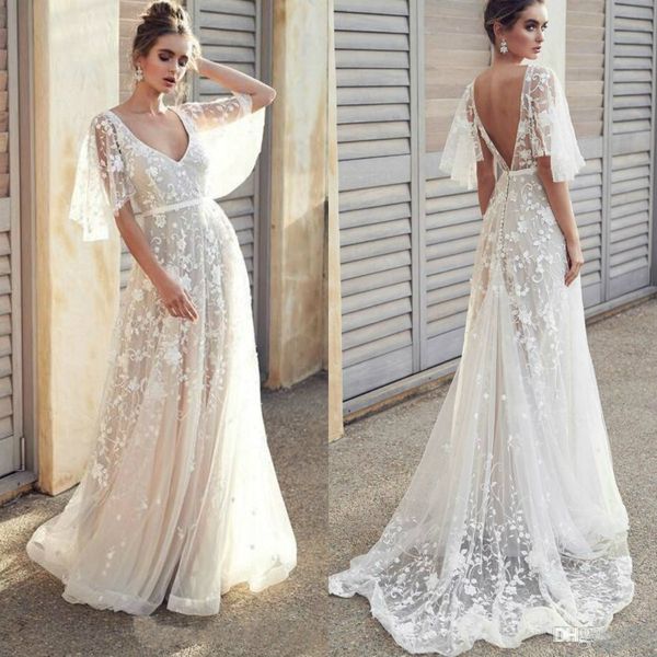2020 bohemian wedding dresses v neck lace appliqued backless sweep train half sleeves bridal gowns custom made robes de mariée, White
2020 bohemian wedding dresses v neck lace appliqued backless sweep train half sleeves bridal gowns custom made robes de mariée, White