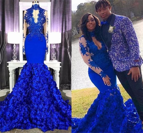 3D Rose Flower Royal Blue Prom Dresses 2019 High Neck Sheer Long Sleeve Applique Mermaid Evening Gowns Plus Size Party Dress Robe
3D Rose Flower Royal Blue Prom Dresses 2019 High Neck Sheer Long Sleeve Applique Mermaid Evening Gowns Plus Size Party Dress Robe