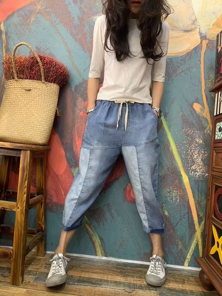 dark blue stick thin cloth color matching big yards personality loose woman pants bk4783
dark blue stick thin cloth color matching big yards personality loose woman pants bk4783