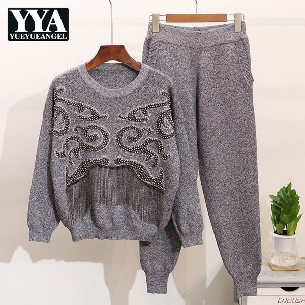 fashion women winter tassel knitted sweater pants set beading long sleeve pullover trousers 2 pieces suits warm two piece, White
fashion women winter tassel knitted sweater pants set beading long sleeve pullover trousers 2 pieces suits warm two piece, White