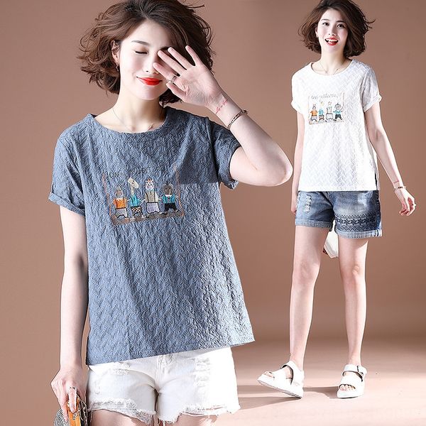 2020 large embroidery size women's cotton short sleeve loose embroidery cartoon pattern round collar top, White
2020 large embroidery size women's cotton short sleeve loose embroidery cartoon pattern round collar top, White