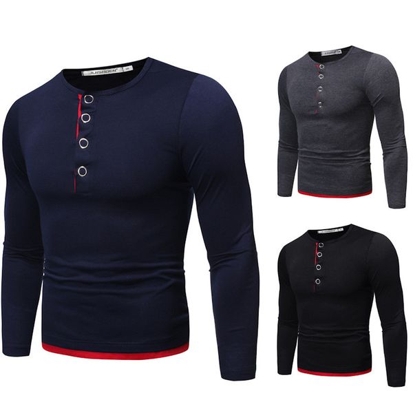 mens fake two button tshirt casual long sleeve round neck male designer slim fit tees, White;black
mens fake two button tshirt casual long sleeve round neck male designer slim fit tees, White;black
