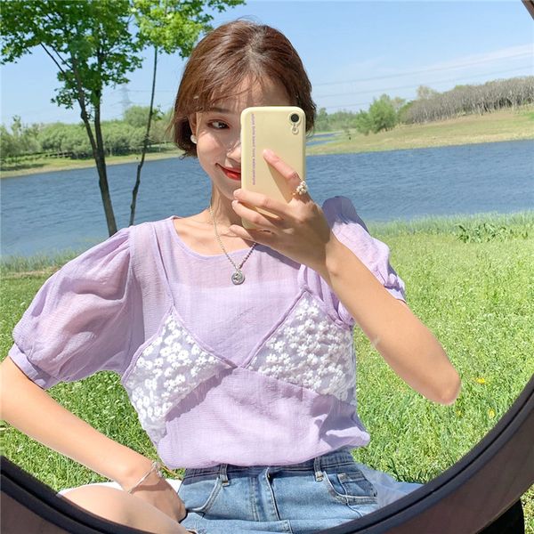 women's blouses & shirts summer fake two pieces preppy style o-neck korean clothes fashion brand lace up floral loose ladies woman, White
women's blouses & shirts summer fake two pieces preppy style o-neck korean clothes fashion brand lace up floral loose ladies woman, White