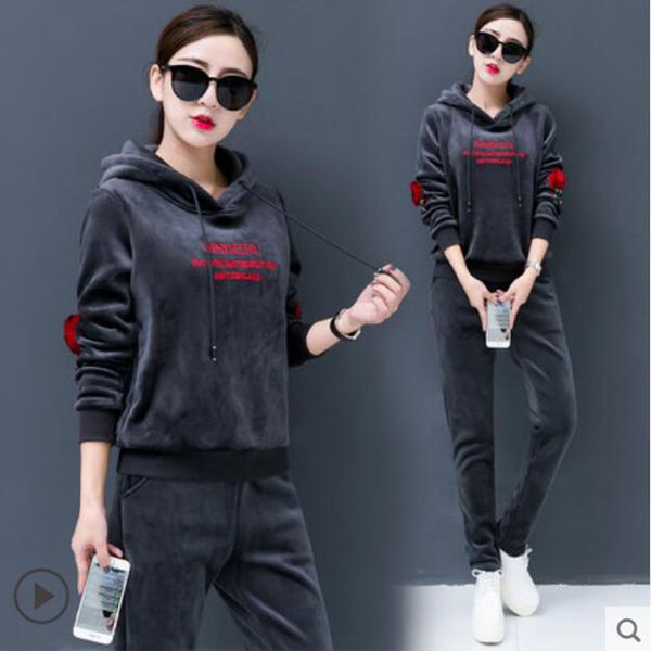 women sportswear 2pcs set winter warm velour tracksuit two piece set long sleeve hoodies and pants sweat suits women outfits, White