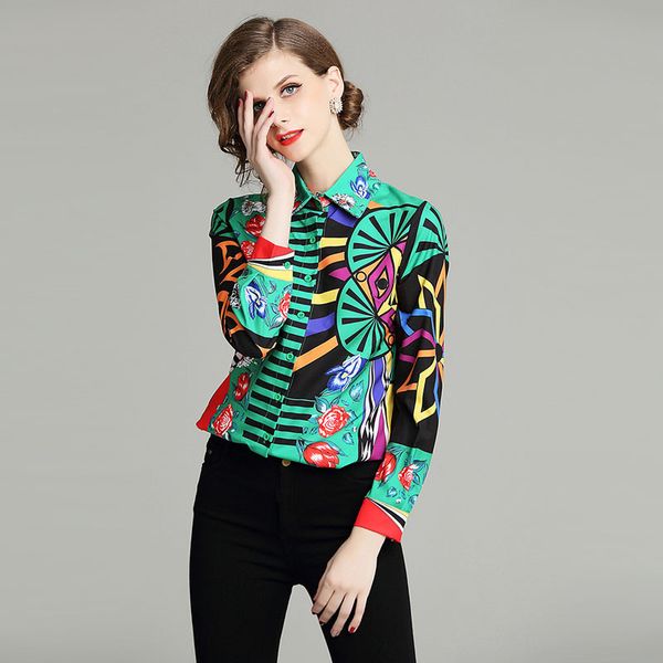 floral striped print long sleeve shirts women elegant office lady casual street fashion blouses clothing 2019 spring green, White