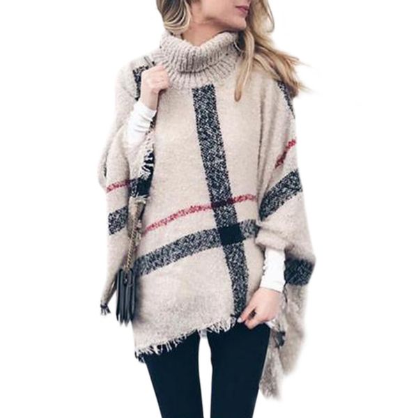 women plus size turtleneck knitwear medium long tassel cloak sweater, White;black
women plus size turtleneck knitwear medium long tassel cloak sweater, White;black
