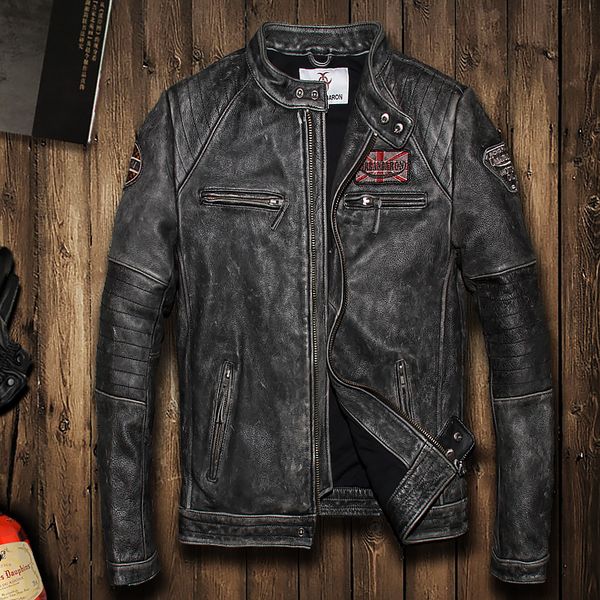 2018 men's vintage black motorcycle genuine leather jacket slim fit real thick cowhide male short leather biker coats m-6xl
2018 men's vintage black motorcycle genuine leather jacket slim fit real thick cowhide male short leather biker coats m-6xl