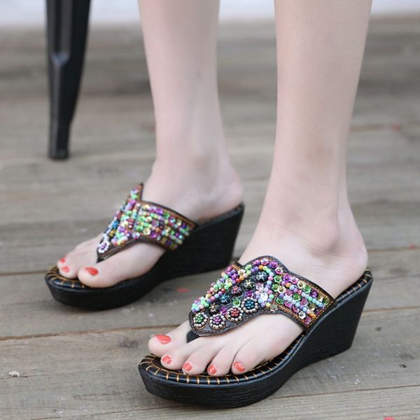 bohemia beaded rhinestone slope heel embroidery comfortable anti-skid all-match toe sandals slippers large size, Black 
bohemia beaded rhinestone slope heel embroidery comfortable anti-skid all-match toe sandals slippers large size, Black