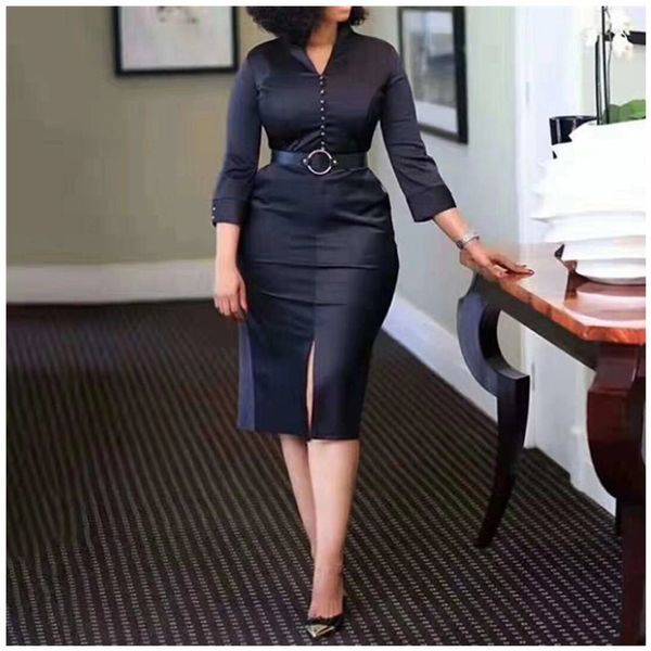 office elegant bodycon women dresses plus size autumn business fashion split high waist blue slim african female midi dress, Black;gray
office elegant bodycon women dresses plus size autumn business fashion split high waist blue slim african female midi dress, Black;gray