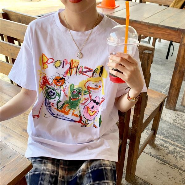 fashionable white t-shirt round collar short sleeve personalized color printing female cute loose t-shirt
fashionable white t-shirt round collar short sleeve personalized color printing female cute loose t-shirt