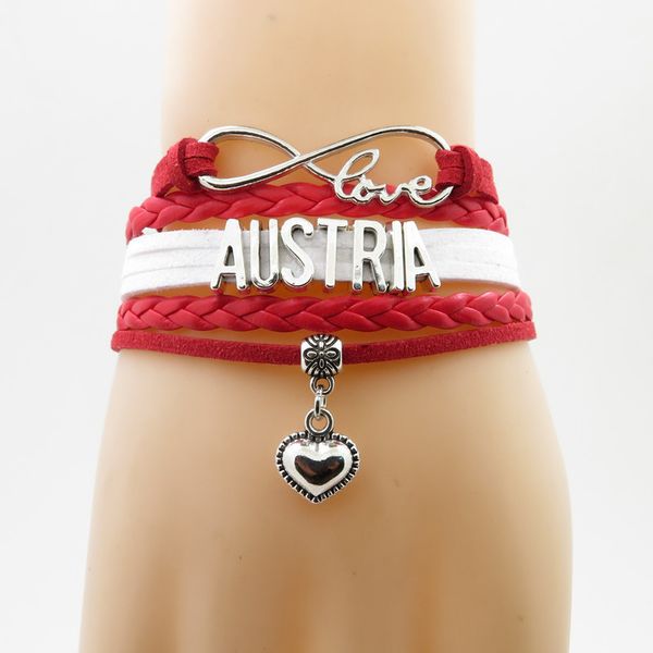 

infinity горячие продажа австрия браслет сердце очарование австрии национальный флаг красные кожаные браслеты ручной работы браслеты для жен, Golden;silver