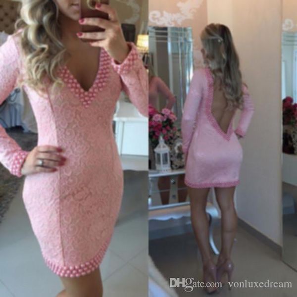 fashion light pink cocktail dresses long sleeves lace pearls beaded open back short women formal party club dress custom made
fashion light pink cocktail dresses long sleeves lace pearls beaded open back short women formal party club dress custom made