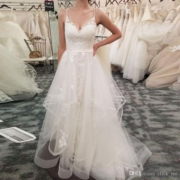 beach a line wedding dresses spaghetti straps lace appliques tiered ruffles bohemia wedding dress sweep train bridal gowns, White
beach a line wedding dresses spaghetti straps lace appliques tiered ruffles bohemia wedding dress sweep train bridal gowns, White