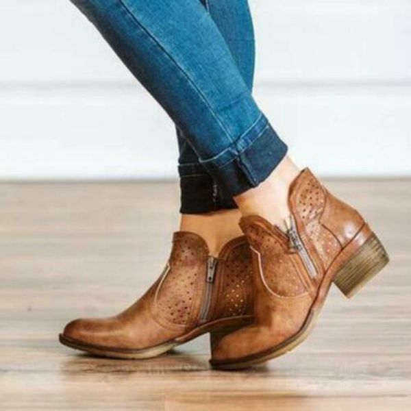 women ankle boots low chunky heel side zipper travel leather shoes whshopping, Black