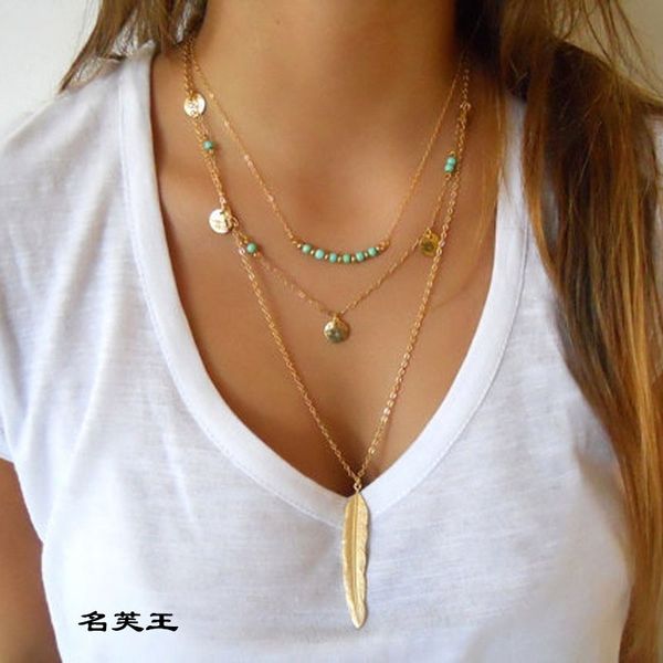 bead necklace chocker coin feather necklace women accessories jewlery 2016 gold chain multi layer jewellery, Silver
bead necklace chocker coin feather necklace women accessories jewlery 2016 gold chain multi layer jewellery, Silver