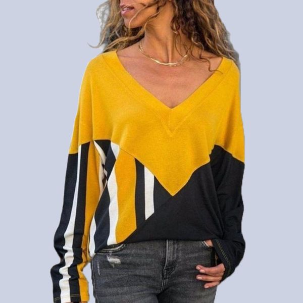 2019 autumn new temperament fashion striped stitching v-neck long-sleeved t-shirt loose large size women's clothing, Black
2019 autumn new temperament fashion striped stitching v-neck long-sleeved t-shirt loose large size women's clothing, Black