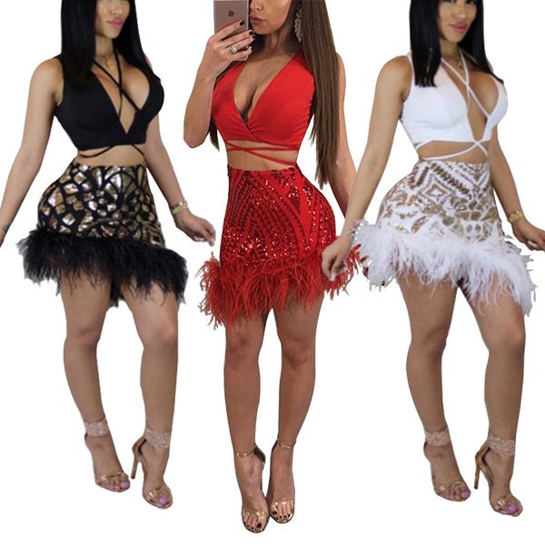 luxury two piece european and american explosion model female film ostrich feather knitting two piece dress nightclub, White 
luxury two piece european and american explosion model female film ostrich feather knitting two piece dress nightclub, White