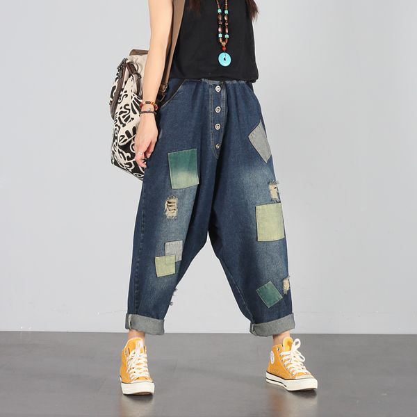 baggy jeans bf style drop crotch harem denim pants patchwork elastic waist trousers plus size american cowboy bloomers joggers, Blue
baggy jeans bf style drop crotch harem denim pants patchwork elastic waist trousers plus size american cowboy bloomers joggers, Blue