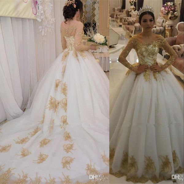 new ball gown arabic lace long sleeves wedding dresses dubai scoop neck gold applique beaded plus size button back bridal gowns court train, White
new ball gown arabic lace long sleeves wedding dresses dubai scoop neck gold applique beaded plus size button back bridal gowns court train, White