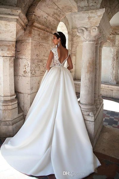 vintage satin a line wedding dresses milla nova cap sleeves sheer lace applique backless sweep train bridal wedding gowns, White
vintage satin a line wedding dresses milla nova cap sleeves sheer lace applique backless sweep train bridal wedding gowns, White