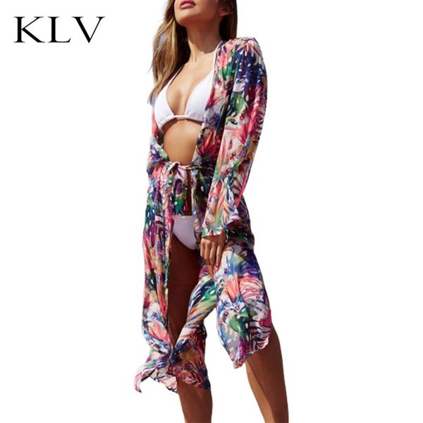 

women summer long sleeves chiffon open front kimono cardigan boho graffiti floral printed high split waist belted loose, White