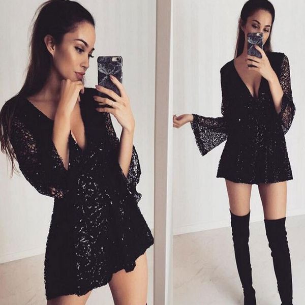 european and american-style new womens womens jumpsuits & rompers deep-v-long-sleeve lace cutout sequined waist romper, Black;white
european and american-style new womens womens jumpsuits & rompers deep-v-long-sleeve lace cutout sequined waist romper, Black;white