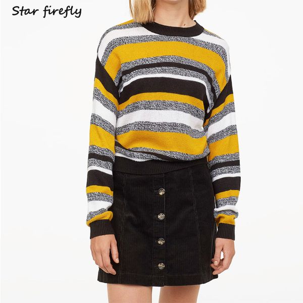 star firefly casual round neck low shoulder sleeve sweater female 2019 black yellow contrast color striped sweater, White;black
star firefly casual round neck low shoulder sleeve sweater female 2019 black yellow contrast color striped sweater, White;black