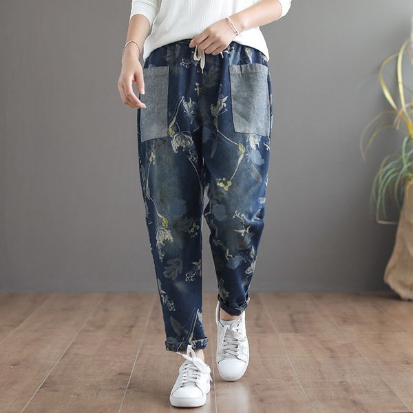 women's jeans autumn spring women retro printed washed patchwork loose high elastic waist drawstring female denim harem pants fashion, Blue
women's jeans autumn spring women retro printed washed patchwork loose high elastic waist drawstring female denim harem pants fashion, Blue