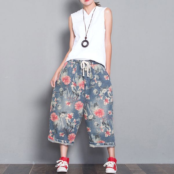 wide leg denim pants baggy drop crotch jeans bloomers streetwear print floral drawstring cowboy trousers hip-hop denim joggers, Blue
wide leg denim pants baggy drop crotch jeans bloomers streetwear print floral drawstring cowboy trousers hip-hop denim joggers, Blue