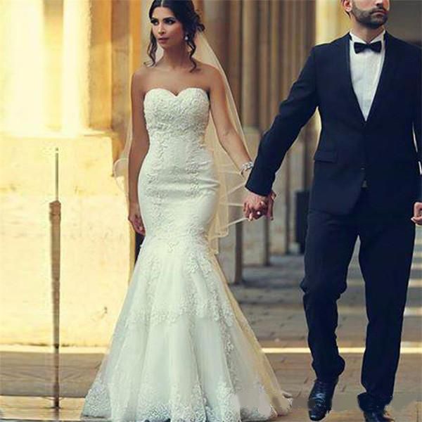 2020 arabic wedding dresses mermaid strapless lace applique bridal gowns sweep train backless wedding gowns custom made, White
2020 arabic wedding dresses mermaid strapless lace applique bridal gowns sweep train backless wedding gowns custom made, White
