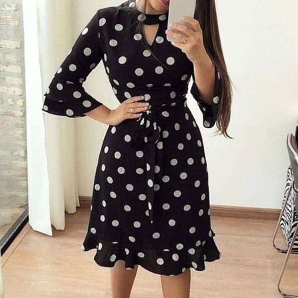 women slim dot dress o neck bandage wave point 3/4 sleeve party ruffle short high waist mini dresses women dress vestidos #15, Black;gray
women slim dot dress o neck bandage wave point 3/4 sleeve party ruffle short high waist mini dresses women dress vestidos #15, Black;gray