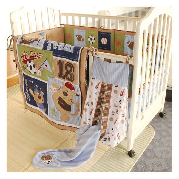 6pcs Brown Sport Baby Nursery Crib Bedding Set New Design-quilt, Blanket,crib Sheet, Crib Skirt, Bumpers,nappy Stacker, Blanket