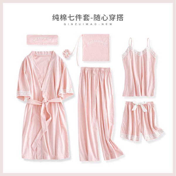 summer new product: seven sets of pajamas female cotton suspenders trousers japanese kimono solid color tracksuit set, Black;red
summer new product: seven sets of pajamas female cotton suspenders trousers japanese kimono solid color tracksuit set, Black;red