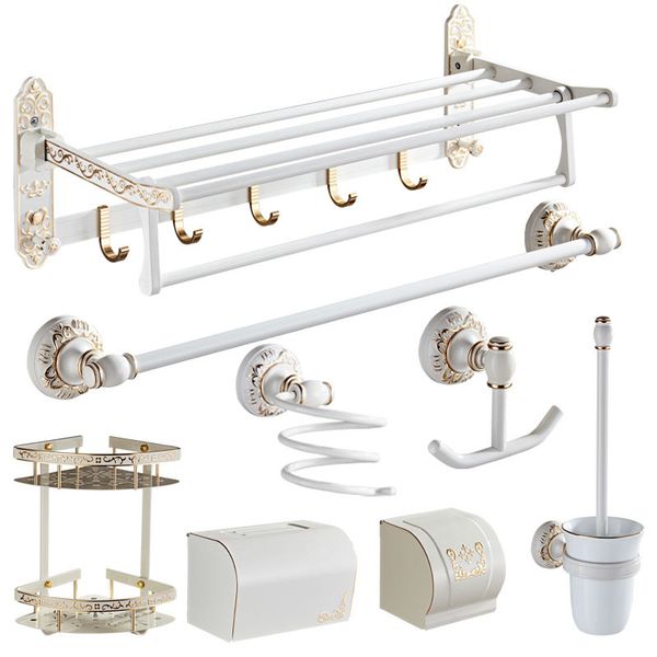 bathroom accessories set aluminum carved foldable towel rack paper holder toilet brush holder white and gold bath hardware set 
bathroom accessories set aluminum carved foldable towel rack paper holder toilet brush holder white and gold bath hardware set