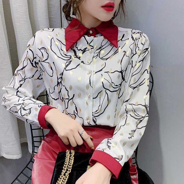 patchwork print shiny dot blouse women loose casual european clothes 2020 new spring slim base shirt ropa mujer t02530, White