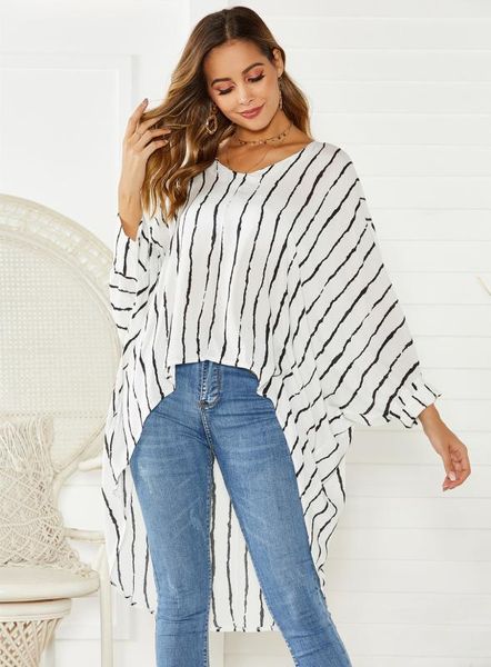 2019 new style loose-fit stripes v-neck front short long back irregular long-sleeved t-shirt bat sleeve shirt, White
2019 new style loose-fit stripes v-neck front short long back irregular long-sleeved t-shirt bat sleeve shirt, White