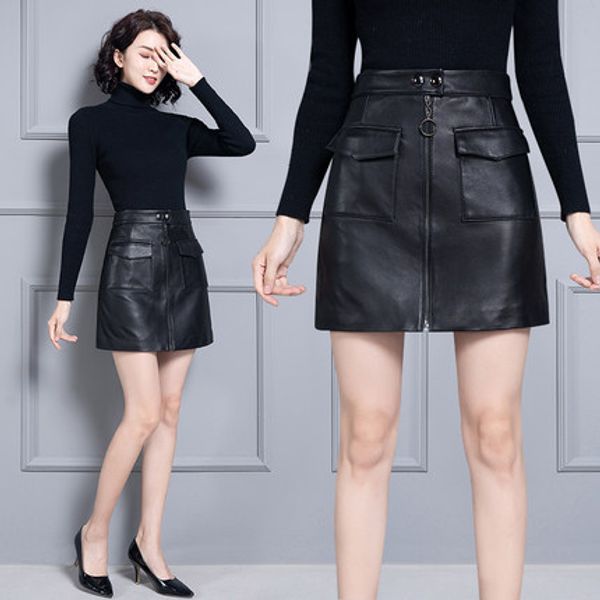 2019 new fashion genuine sheep real leather skirt k2, Black