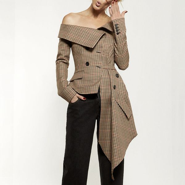 2018 new arrival autumn woman asymmetric outerwear slash neck striped plaid coat casaul resort holiday party coat, Black;brown
2018 new arrival autumn woman asymmetric outerwear slash neck striped plaid coat casaul resort holiday party coat, Black;brown