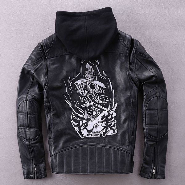 genuine men fashion black embroidery hooded biker motorcycle jacket slim fit cowskin real leather coat
genuine men fashion black embroidery hooded biker motorcycle jacket slim fit cowskin real leather coat