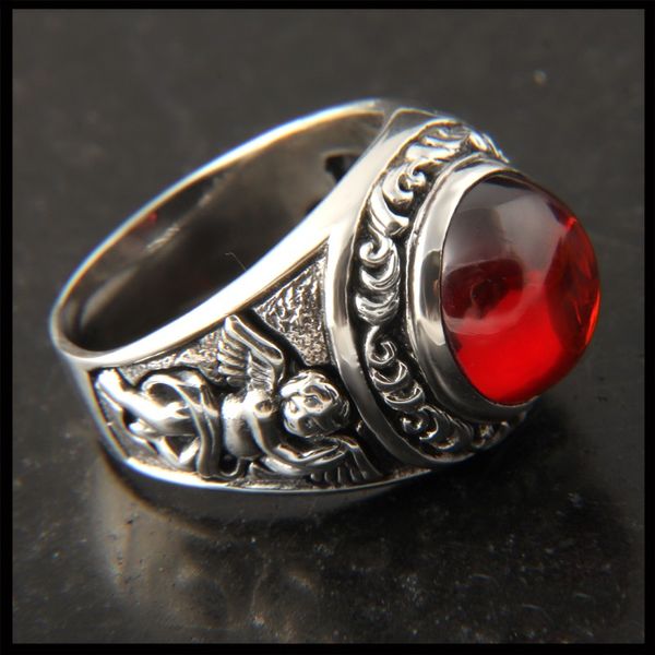 

angel tianyi cupid sterling silver men's ring thai silver 925 finger index japanese and korean style inlaid red corundum, Slivery;golden